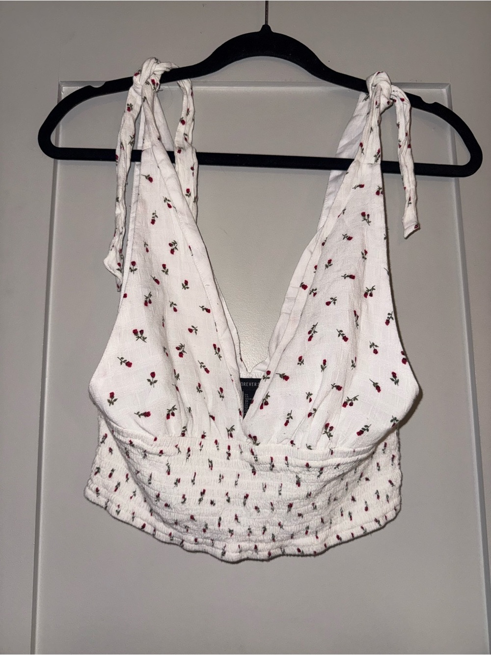 Forever 21 White Floral Tie-Strap Smocked Crop Top